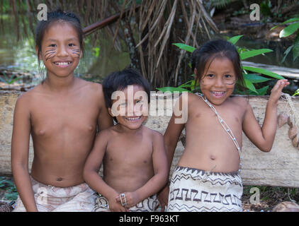 Indiginous Bora villagers at Kapitari village, near Manacamiri, Amazon River, Peru Stock Photo