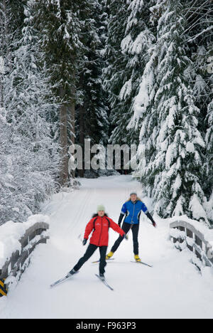Cross country skiers Maria Lundgren and Akiko Clarke skate the trails at Lost Lake park in Whistler, BC Stock Photo
