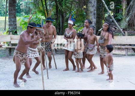 Indiginous Bora villagers at Kapitari village, near Manacamiri, Amazon River, Peru Stock Photo