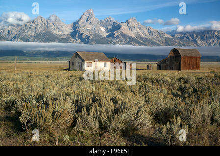 Scenic of Teton Mountain Range and historic buildings from the T.A. Moulton Ranch on Mormon Row in Grand Teton National Park, Stock Photo