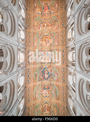 Painted wooden ceiling (illustrating accounts from the Bible) in the medieval christian cathedral of Ely, England. Stock Photo