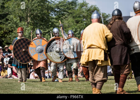 Vikings in battle reenactment at the Icelandic Festival of Manitoba, Gimli, Manitoba, Canada Stock Photo