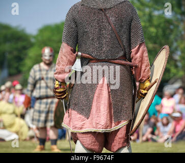 Viking warriors in battle reenactment at the Icelandic Festival of Manitoba, Gimli, Manitoba, Canada Stock Photo