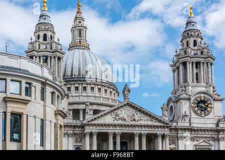 View of magnificent St. Paul Cathedral. It sits at top of Ludgate Hill  highest point in City of London. Cathedral was built by Stock Photo
