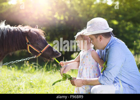 Portrait of young happy father with his dauhter at countryside outdoors, feeding pony Stock Photo