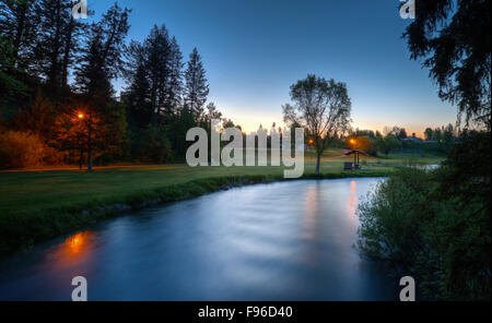 British Columbia, Canada, Cariboo region, Centennial Park, 100 Mile House, Bridge Creek, sunset, Stock Photo