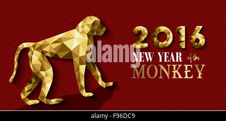 2016 Happy Chinese New Year of the Monkey greeting card design with ape silhouette in gold low poly geometry style. EPS10 vector Stock Vector
