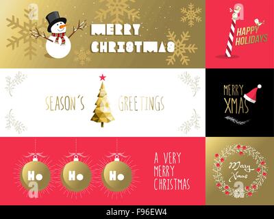 Merry Christmas set of retro labels and banners with gold red colors. Includes text, holiday elements, Xmas decoration. EPS10 Stock Vector