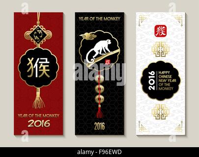 2016 Happy Chinese New Year of the Monkey, label badge element collection with traditional decoration, ape and calligraphy Stock Vector