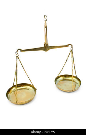 Golden balance scales isolated on white Stock Photo