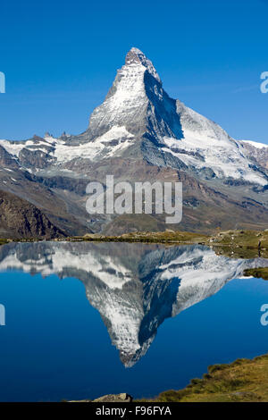 The famous Matterhorn reflected in the Stellisee Stock Photo