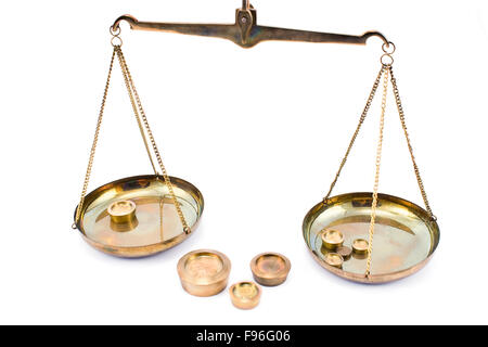 Golden balance scales with weights isolated on white Stock Photo