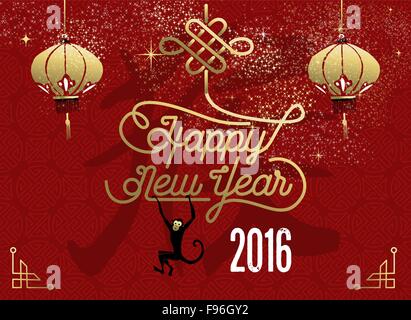 2016 Happy Chinese New Year of the Monkey, oriental gold decoration elements and ape on traditional red background. EPS10 vector Stock Vector