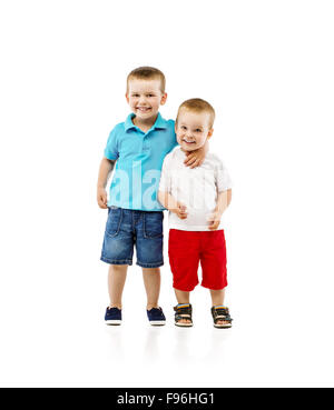 Two cute little boys hugging, isolated on white background Stock Photo