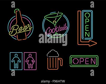 Set of retro style neon light outline sign icons for bar, beer, open business, cocktail and bathroom symbol. EPS10 vector. Stock Vector