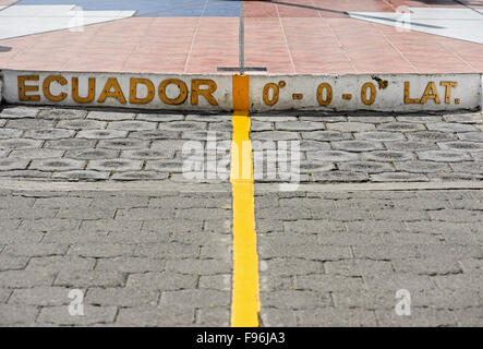 Yellow equator line, marking zero degrees latitude, Equator Monument La Mitad del Mundo, center of the world Stock Photo