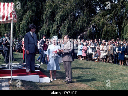 The Upper Avon canal was officially reopened by HM Queen Elizabeth the Queen Mother on June 1st 1974. With her are Robert Aickman (left) and David Hutchings (right). Stock Photo