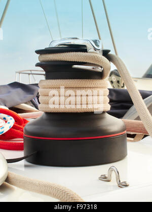 Rope cable winch detail on a yacht Stock Photo