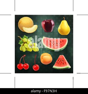 Summer fruits, set of vector illustrations on dark background Stock Vector