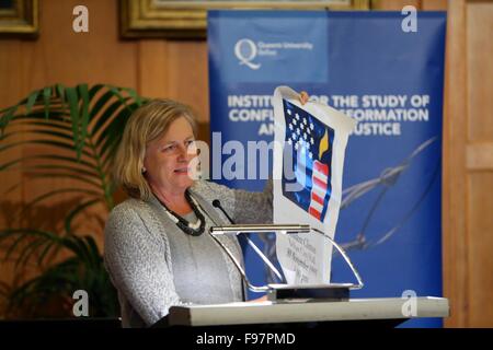 Ambassador Nancy Soderberg delivers a speech at the “ DAYS LIKE THAT:  LESSONS AND LEGACIES OF THE CLINTON VISIT 20 YEARS ON”  i Stock Photo