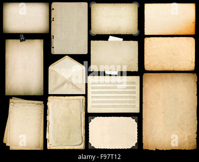 Old paper sheets with edges. Vintage book pages, cardboards, music notes, photo frame with corner Stock Photo