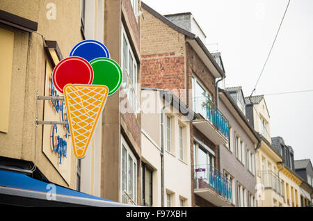 DUSSELDORF, GERMANY - DECEMBER 14, 2015: Neon ice cream cone on the facade of a Stock Photo