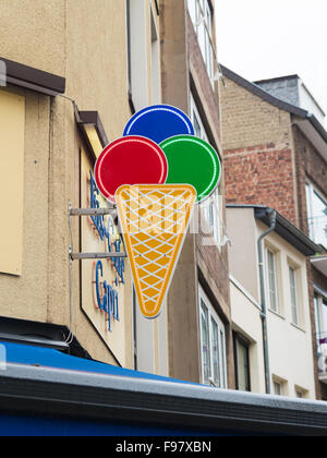DUSSELDORF, GERMANY - DECEMBER 14, 2015: Neon ice cream cone on the facade of an ice cafe Stock Photo