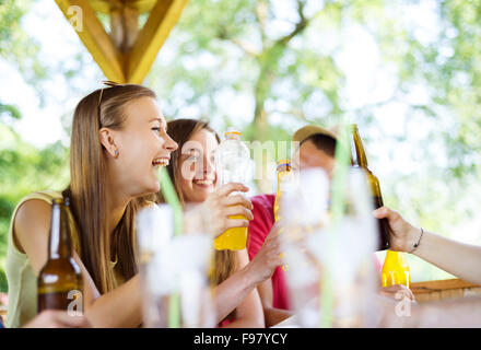 Group of happy friends drinking and having fun in pub garden Stock Photo