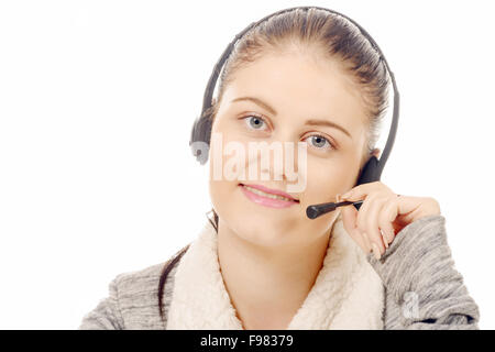 a portrait of smiling cheerful support phone operator in headset. Stock Photo