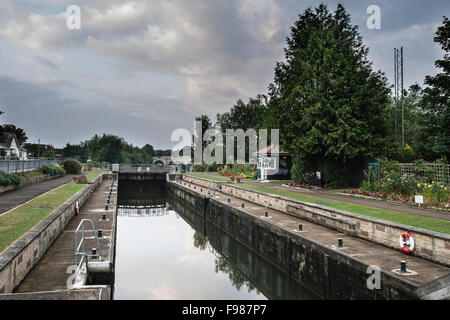 Morning landscape Chertsey Lock and weir over River Thames in London Stock Photo