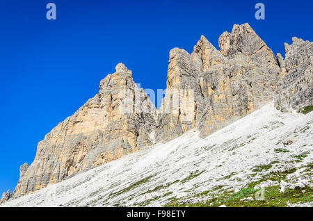 View to the famous Tre Cime di Lavaredo (Drei Zinnen) in Dolomites Mountains, one of the best-known mountain groups in Europe. Stock Photo