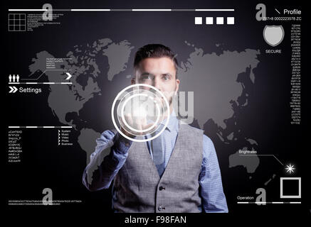 Hipster businessman working on digital virtual screen and business strategy as concept, isolated on black background Stock Photo