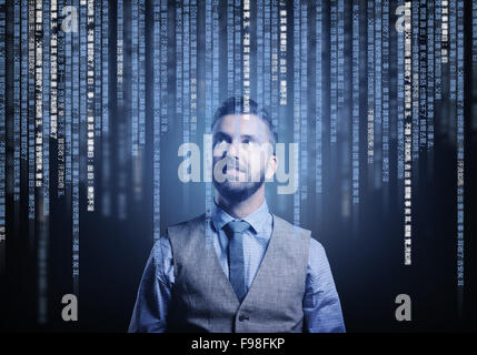 Hipster businessman working on digital virtual screen and business strategy as concept, isolated on black background Stock Photo