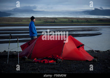 Tent in fornt of Thjorsa (Thjorsa) River in Central Iceland Stock Photo