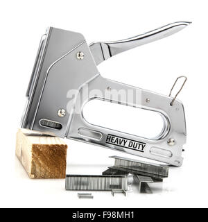Heavy duty staple gun with staples isolated on white Stock Photo