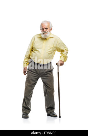 Old bearded man walking with cane isolated on white background Stock Photo