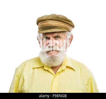 Portrait of old bearded man in traditional cap, posing in studio on white background Stock Photo