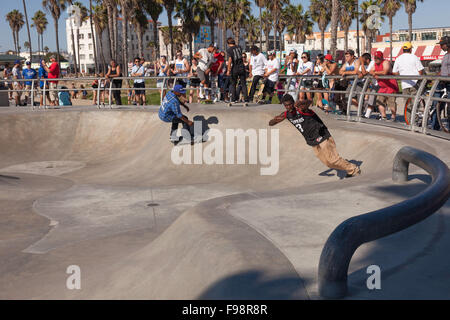 Young male roller blading at Venice Beach at the Venice Beach Skate Plaza in California; USA; America Stock Photo