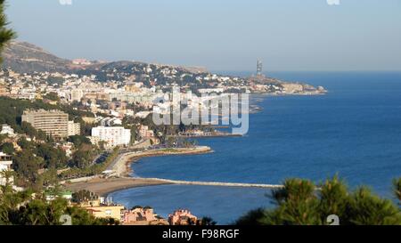 Elevated view along Malaga beache and coastline, Malaga, Costa del Sol, Malaga Province, Andalusia, Spain, Western Europe. Stock Photo