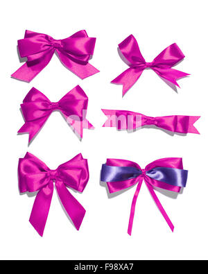 set of six purple ribbon satin bows Stock Photo
