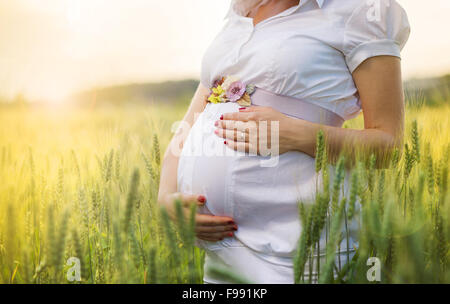 Outdoor portrait of unrecognizable young pregnant woman in the field Stock Photo