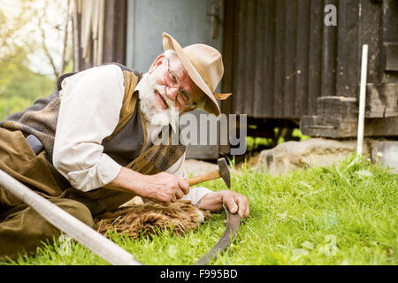 Old farmer with beard is repairing his scythe before using to mow the grass traditionally Stock Photo
