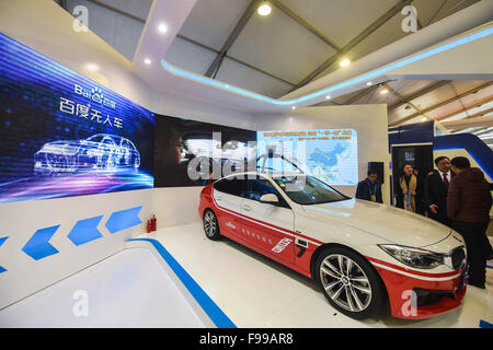 Tongxiang, China's Zhejiang Province. 15th Dec, 2015. A driverless car is exhibited at the Light of the Internet Expo in Wuzhen Township, east China's Zhejiang Province, Dec. 15, 2015. The expo opened here Tuesday as part of the 2nd World Internet Conference, which will be held between Dec. 16 and 18. © Xu Yu/Xinhua/Alamy Live News Stock Photo