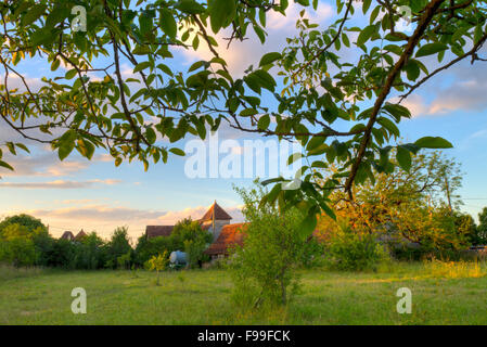 View across an orchard of traditional Quercy farmhouses, in evening light. Causse de Gramat, Massif Central, Lot region, France. Stock Photo