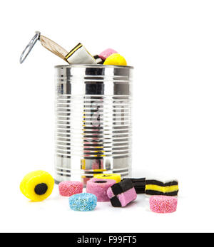 liquorice allsorts in a tin isolated on a white background Stock Photo