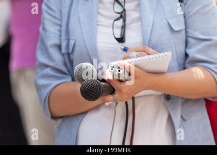 Reporter. Taking notes. Media interview. Stock Photo