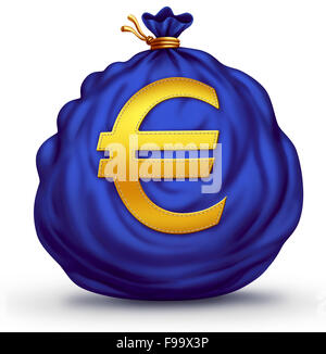 Euro currency bag object as a European financial business symbol as a big blue sack of money with a Europe monetary exchange icon stitched to the finance element on a white background. Stock Photo