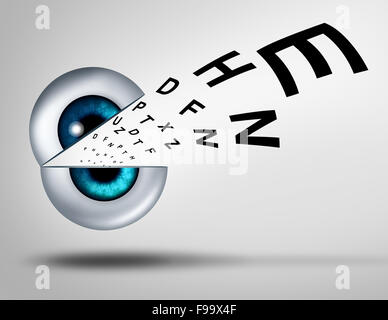 Eye vision concept eyesight for healthy eyes with good ocular focus using an open eye with an emerging chart to help focus for near sighted and far sighted retina and lens diagnosis from an optometrist for ophthalmology. Stock Photo