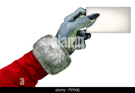Selfish holiday monster or miser character holding a blank card as a cheapskate scrooge hand symbol wearing a red coat as an icon for winter selfishness behavior isolated on a white background. Stock Photo
