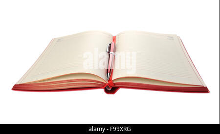Red diary and pen isolated on white background Stock Photo